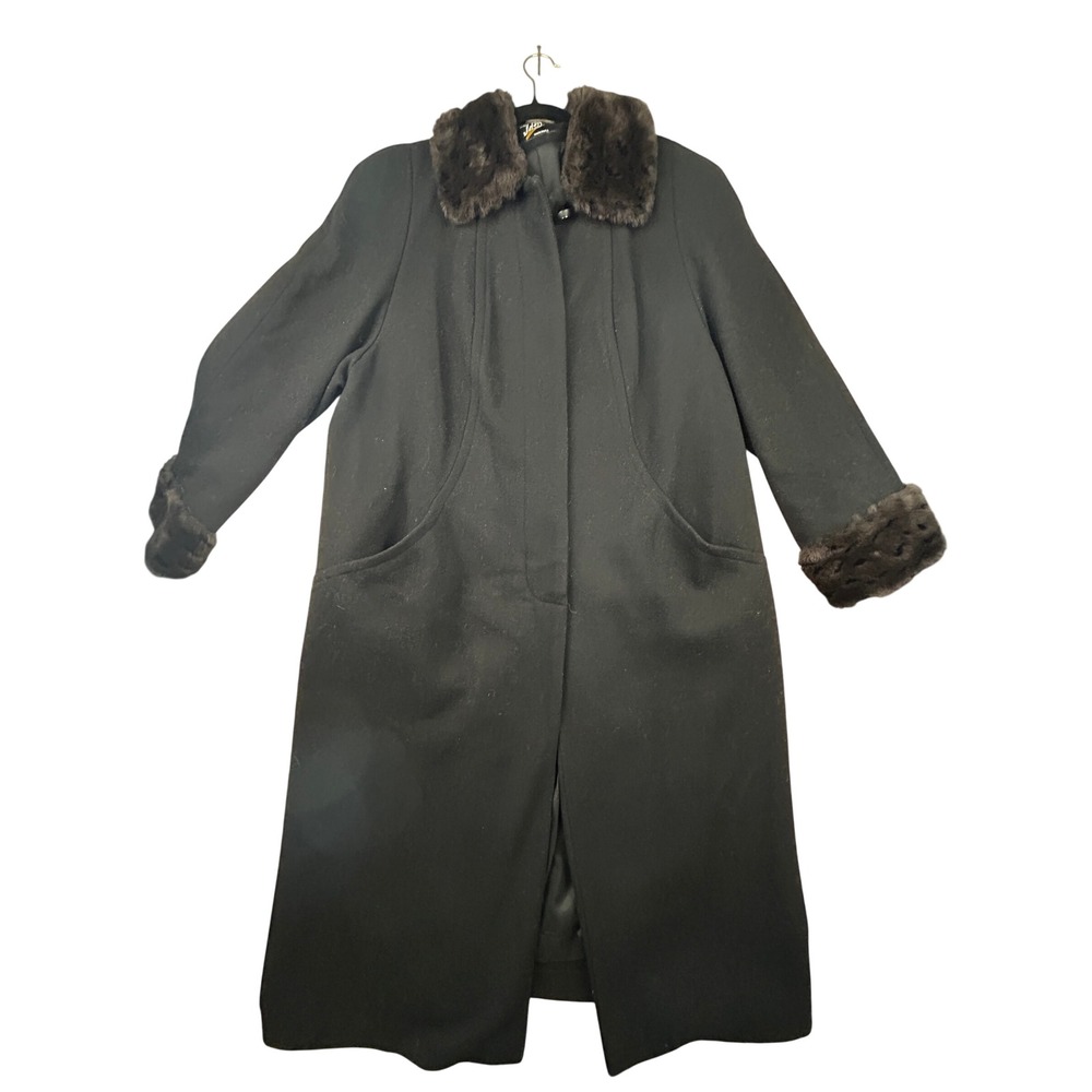 Vintage J&D Woman Womens 20W Black Wool Long Coat Faux Fur Trim Cuffs USA Made